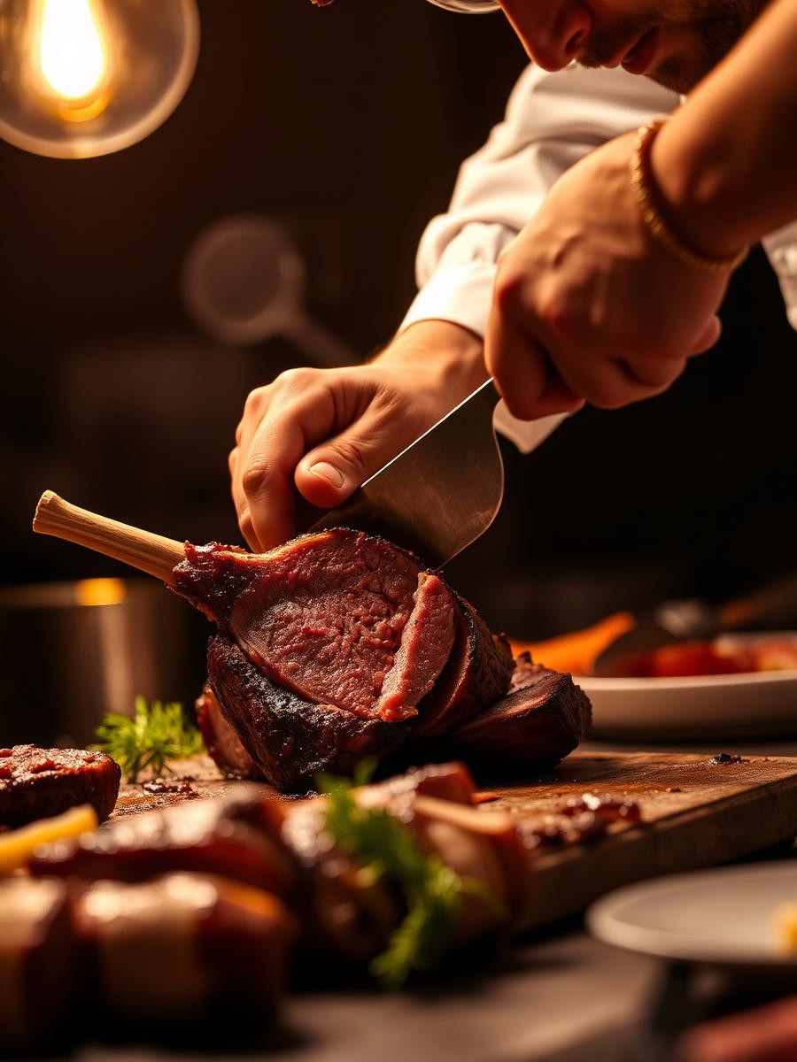Chef carving smoked lamb raan at a live station