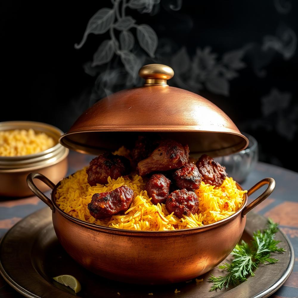 Mutton dum biryani opened in a copper handi