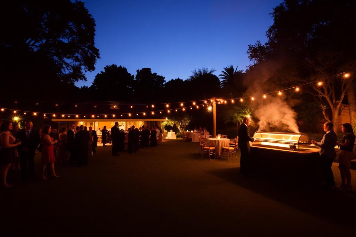 Flame-lit live grill counters at an evening lawn event