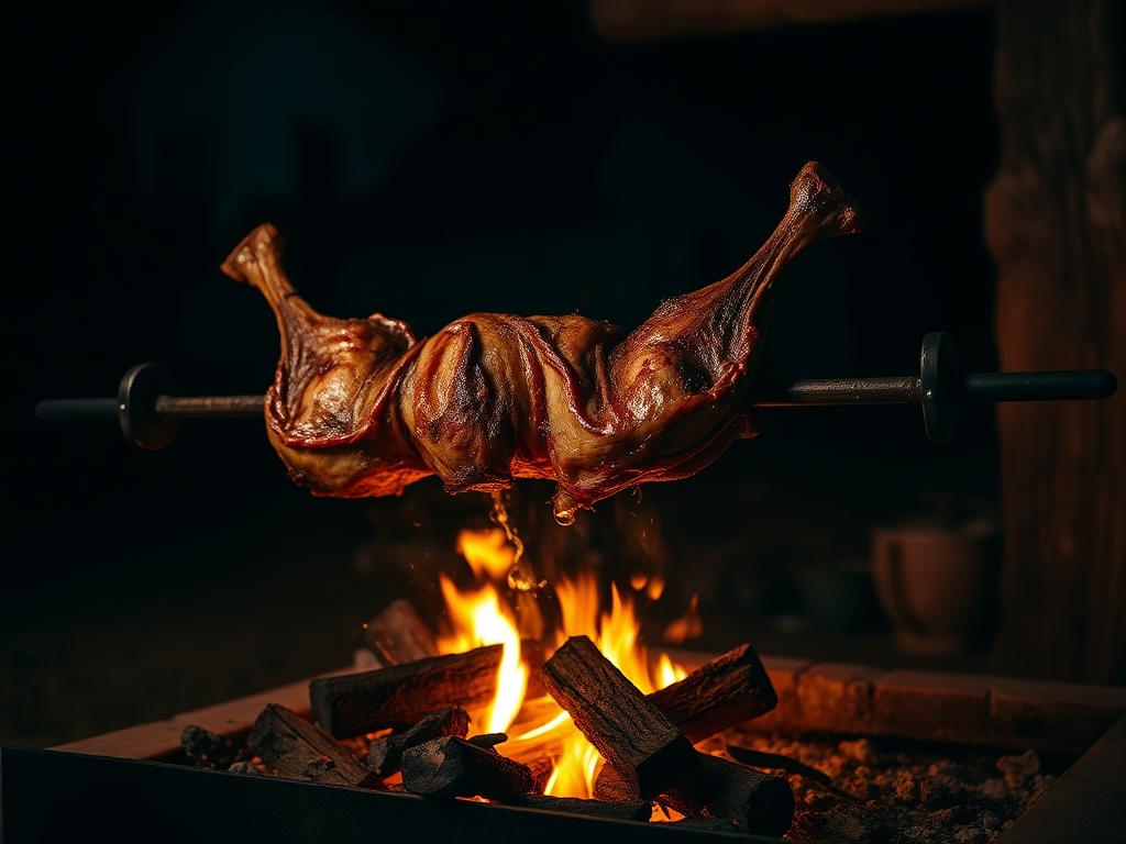 Whole lamb roasting on an iron cross over open fire
