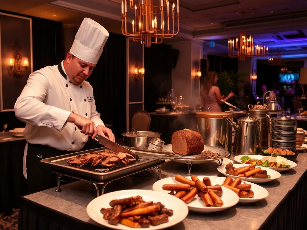 Chef carving smoked brisket at a corporate banquet station