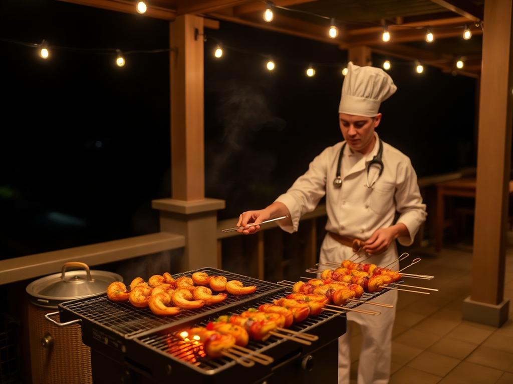 Chef grilling skewers on a private terrace at night