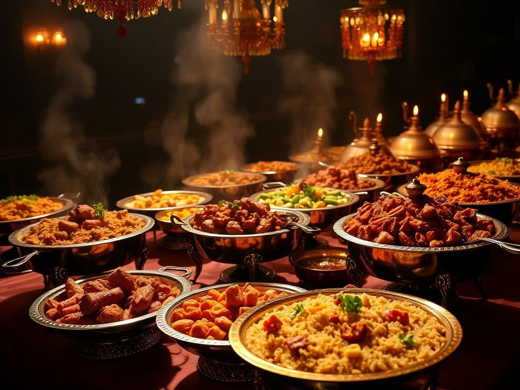 Lavish wedding buffet of meat dishes in copper vessels
